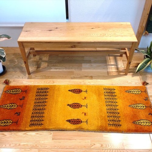 ペルシャ ギャッベ ランナー中 143×53㎝ 黄金色 糸杉 カーペット・絨毯