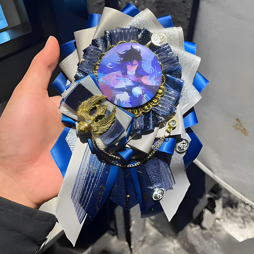 星型勲章 青・黄色リボン 専用ケース付き 手作り 青い勲章缶バッジロゼット 青 紺色 飾り付き バッジ飾り