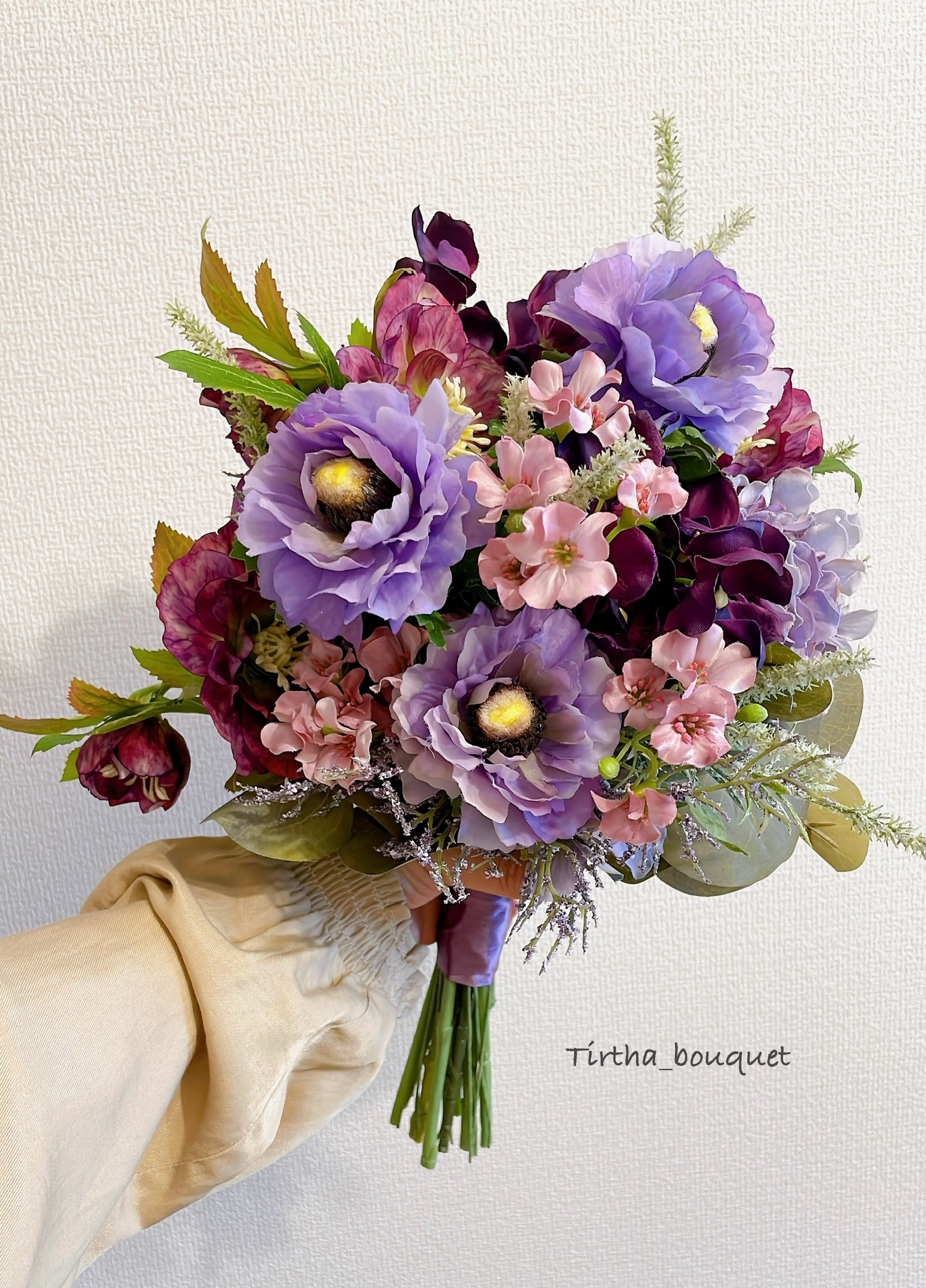 【完成品】ブーケ&ブートニア アネモネ アーティフィシャル　大人ブーケ　パープル　くすみカラー