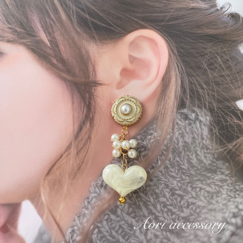 フラワーパール韓国ボタン×ちゅるんとぷっくりハートの韓国ビーズ  