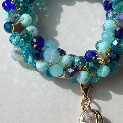 お星様シリーズ】 ビーズシュシュ ブルー ✩.*˚ ヘアゴム (Bright