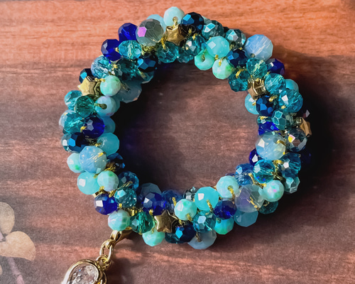 お星様シリーズ】 ビーズシュシュ ブルー ✩.*˚ ヘアゴム (Bright