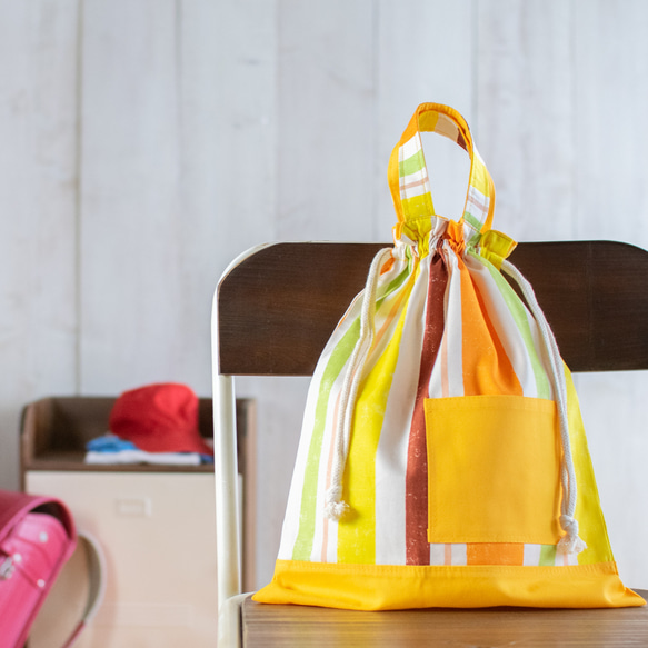 ナップサック型：ビタミンカラー☆ボーダー柄の体操着袋(着替え袋)：オレンジ　｜サイズ変更対応 2枚目の画像
