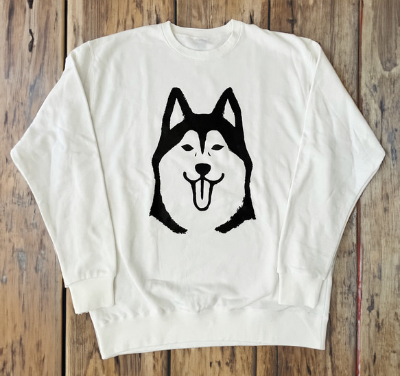 【SALE】シベリアンハスキー　スウェット （ホワイト）犬　パイル裏地　XLサイズ 1枚目の画像