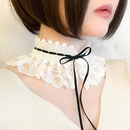 あなたにめぐり逢えたら：白レースプリーツの付け襟チョーカー SV586