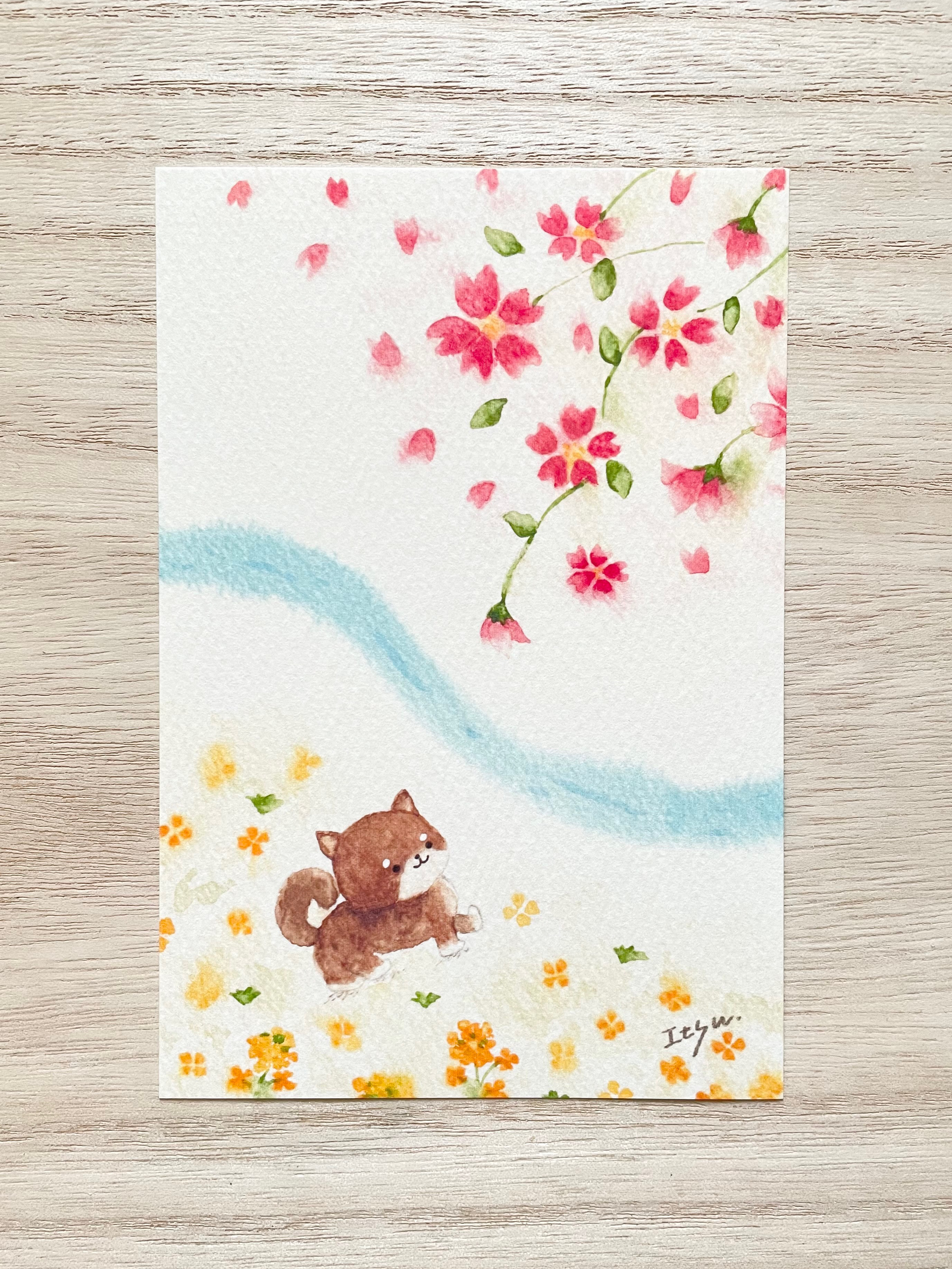 風とハミングする綿毛　(sizeポストカード)水彩画　原画