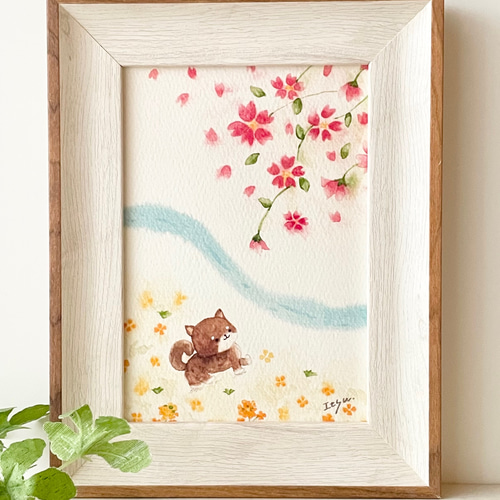 透明水彩画 A4ポスター「豆柴の春のお散歩」イラスト 桜 さくら 菜の花 