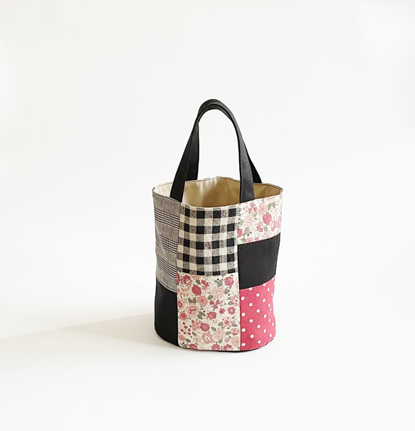 パッチワークバケツ型バッグ フラワー チェック ドット バケツバッグ