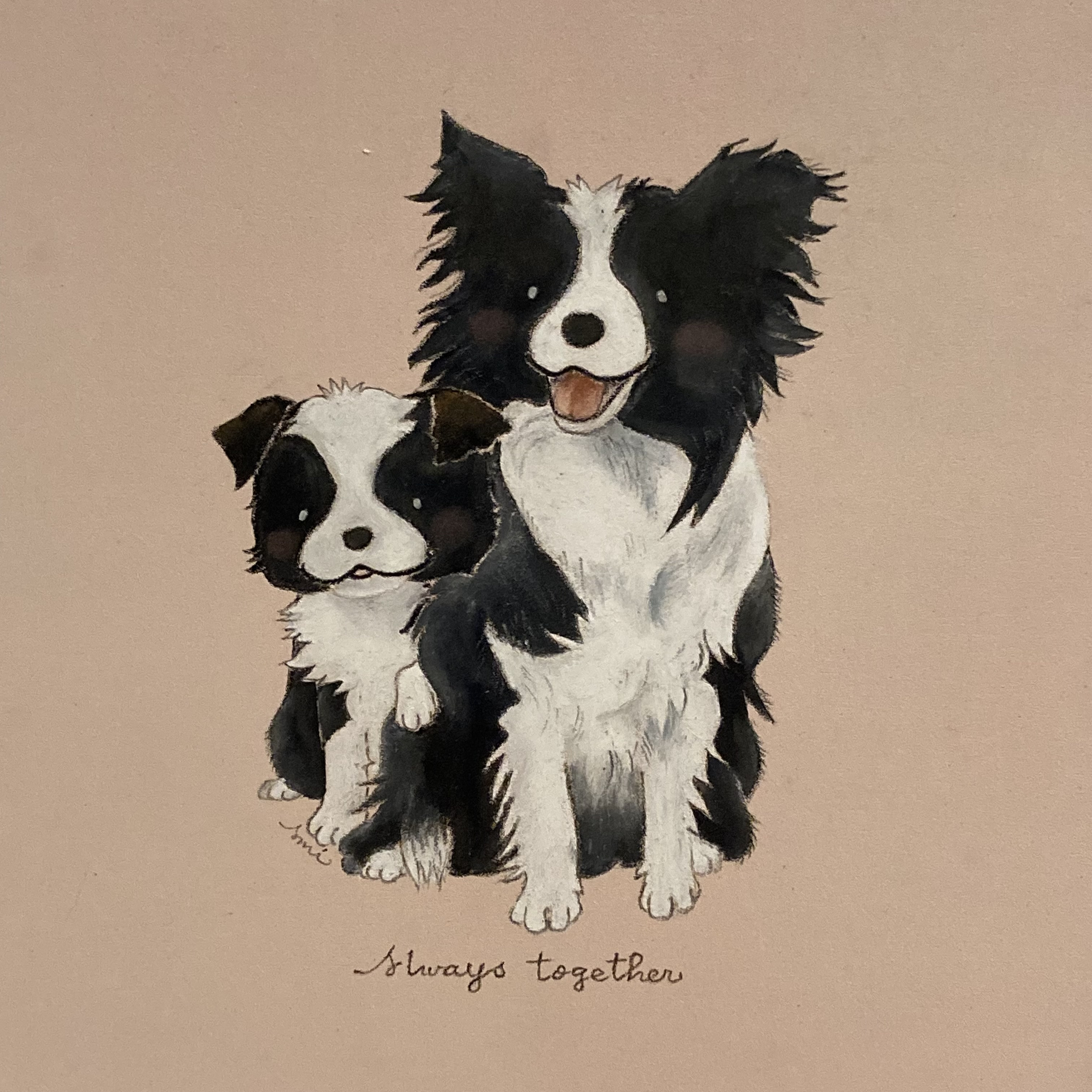 チョークアート原画】ボーダーコリー親子「Always together