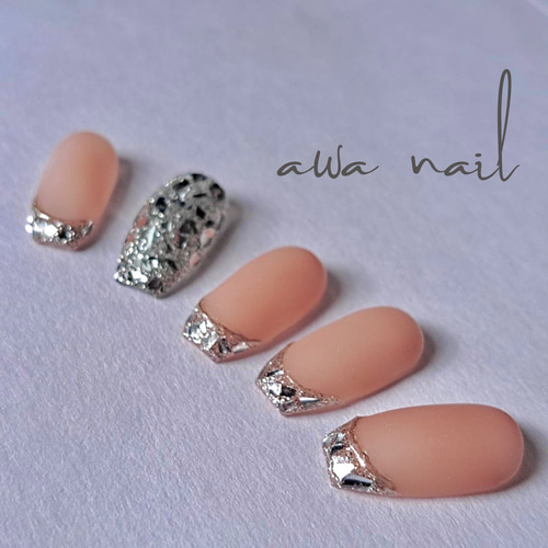 すりガラス風 ガラスフレンチ オーダーネイルチップ ピンク シルバー