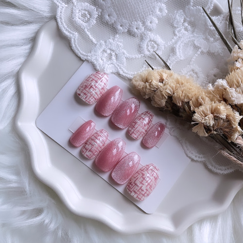 現品】86 ネイルチップ ピンク ツイード うるマグ マグネット ちゅるん