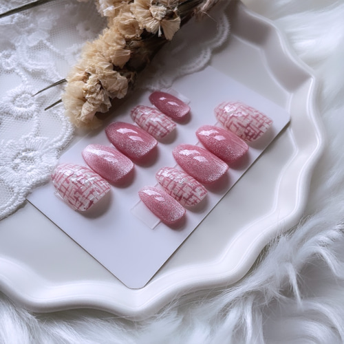 現品】86 ネイルチップ ピンク ツイード うるマグ マグネット ちゅるん