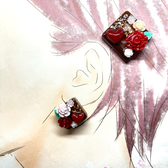 大ぶりな薔薇デコレーションチョコの耳飾り&髪飾りセット  選べるイヤリング／ピアス／ヘアゴム／ポニーフック 2枚目の画像