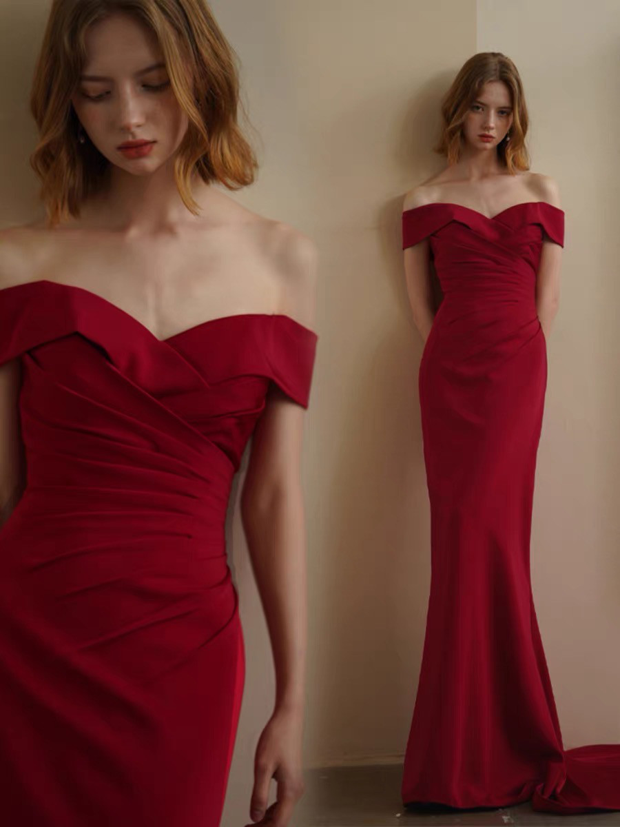 オフショルダー　赤ドレス　前撮り　二次会 ウェディングドレス（WD242040）