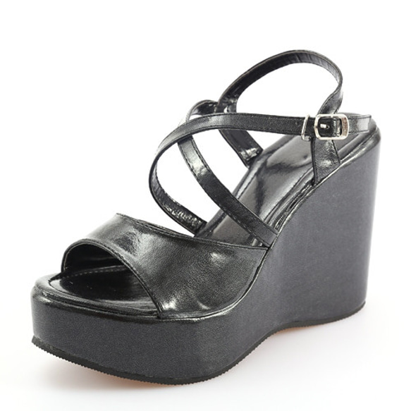 Enamel Black Cross Strap Wedge Sole Sandals サンダル ブラック 黒 8枚目の画像