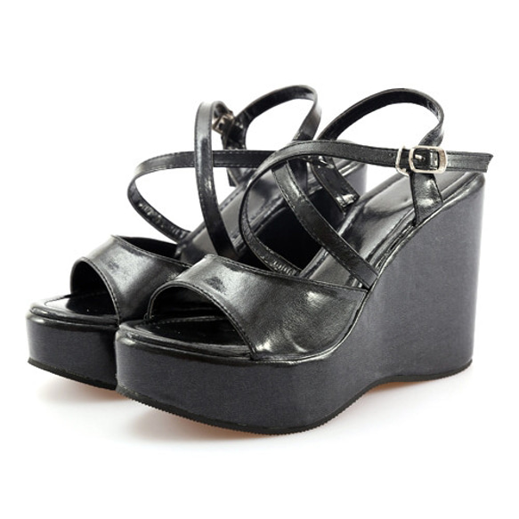 Enamel Black Cross Strap Wedge Sole Sandals サンダル ブラック 黒 5枚目の画像