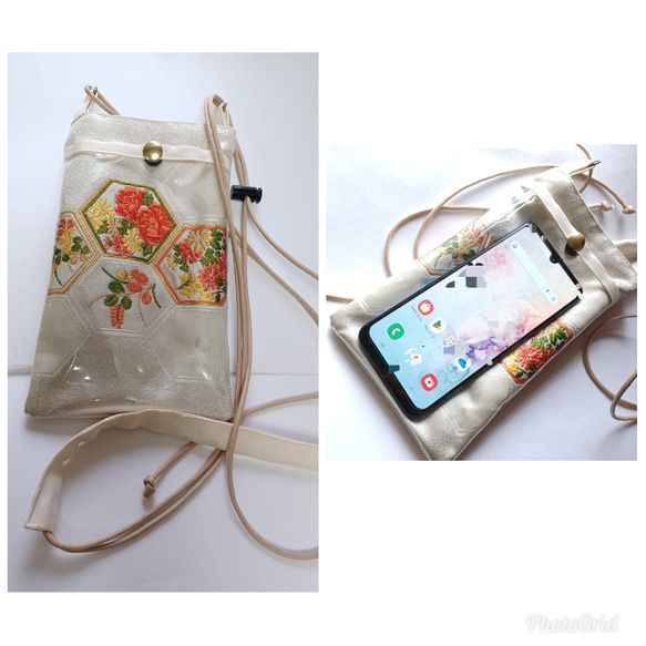 着物リメイク　帯で入れたまま操作が出来るスマホポーチ　刺繍花柄　六角 2枚目の画像