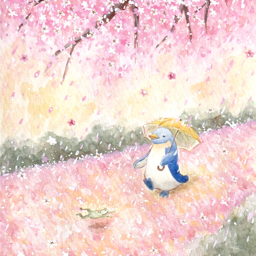 春の雨【桜とペンギンとカエル】 絵画 kuro 通販 17231155