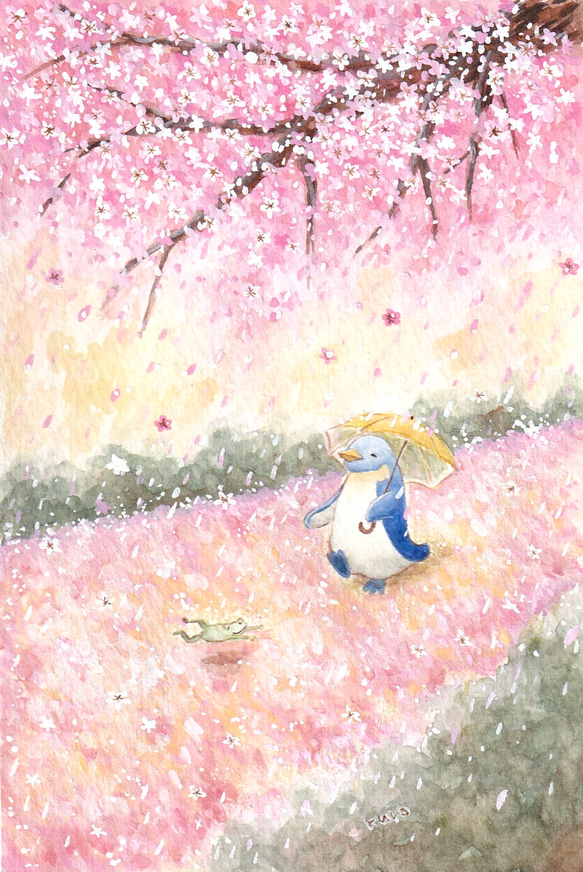春の雨【桜とペンギンとカエル】 絵画 kuro 通販 17231155｜Creema