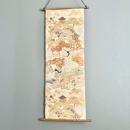 【⑯0666】190cm/昭和レトロ/鶴・笠松/帯リメイク品/タペストリー レア・骨董】両面 着物 帯 鶴 松 丸帯 アンティーク