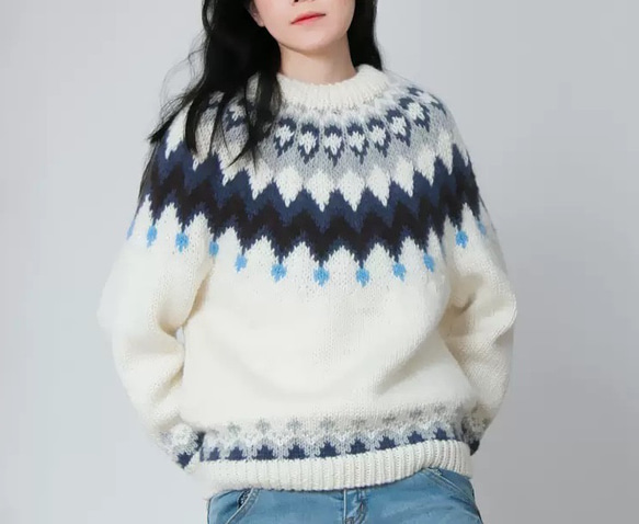春秋冬 手編みセーター ニット ウール100％ 3枚目の画像