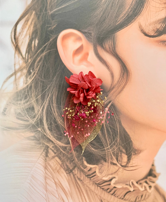 レッド×ゴールド×リーフ】ドライフラワー ピアス・イヤリング