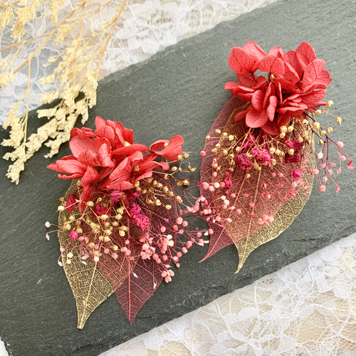 レッド×ゴールド×リーフ】ドライフラワー ピアス・イヤリング