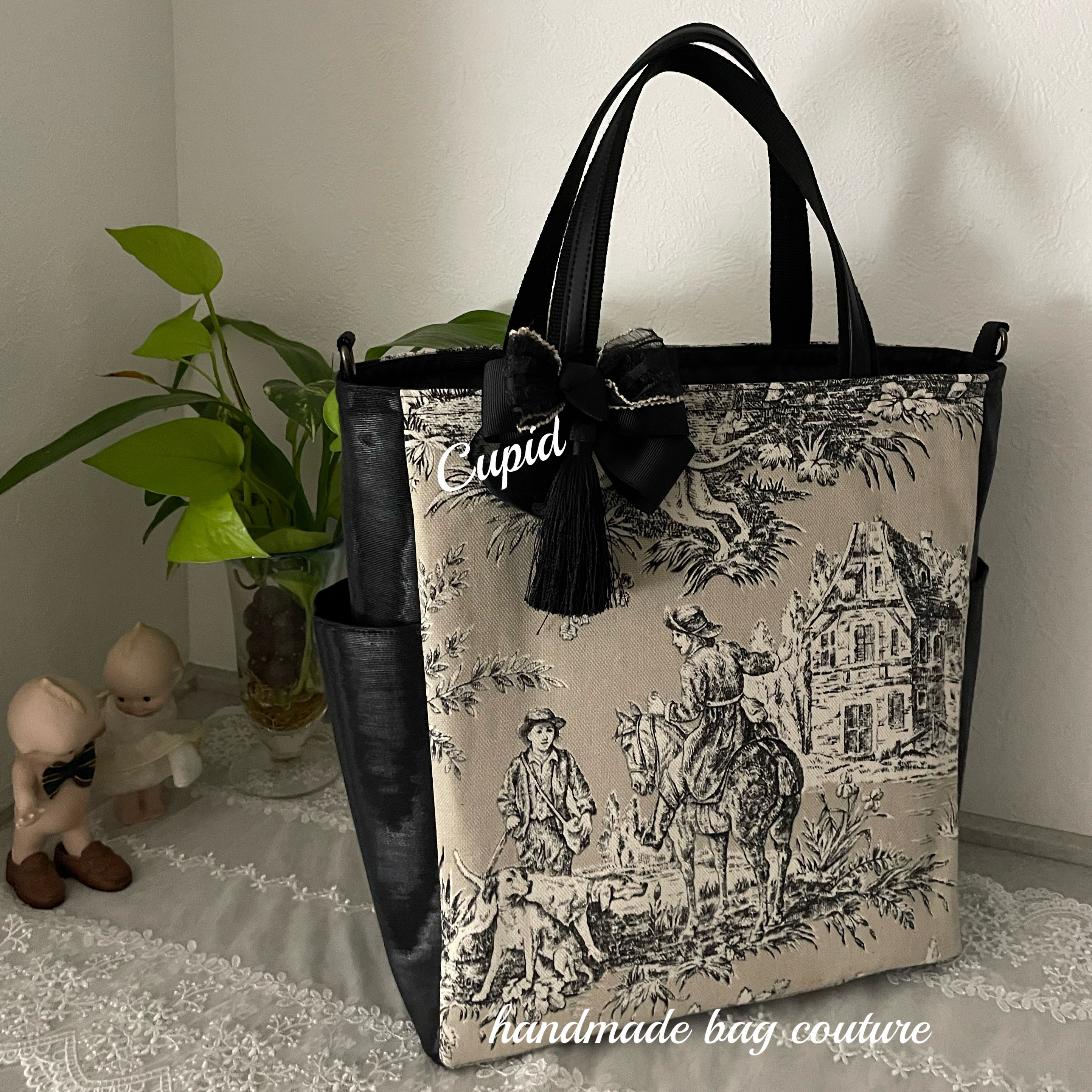 ハンドメイド＊フランス生地＊トワルドジュイ２種×シープ革＆牛革＊２WAYバッグ ハンドメイド＊フランス生地＊トワルドジュイ2種×シープ革