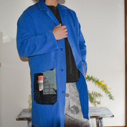 Acote ヨーロッパ ワークコート パッチワーク 着物リメイク ブルー 1枚目の画像