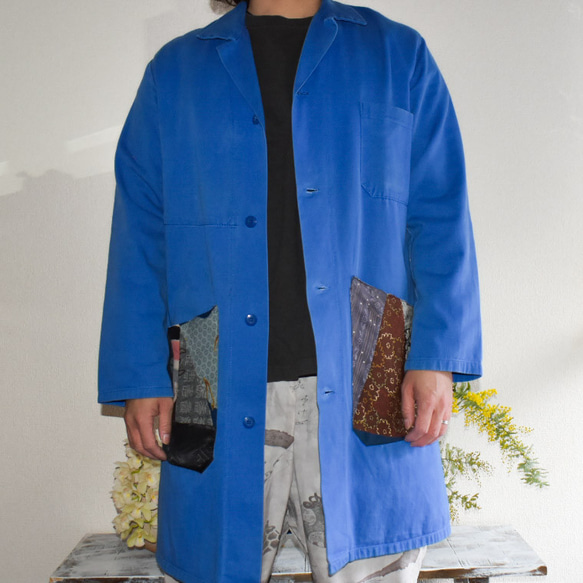 Acote ヨーロッパ ワークコート パッチワーク 着物リメイク ブルー 6枚目の画像