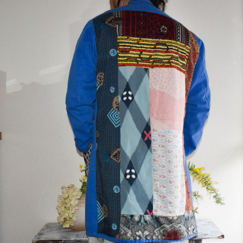 Acote ヨーロッパ ワークコート パッチワーク 着物リメイク ブルー  