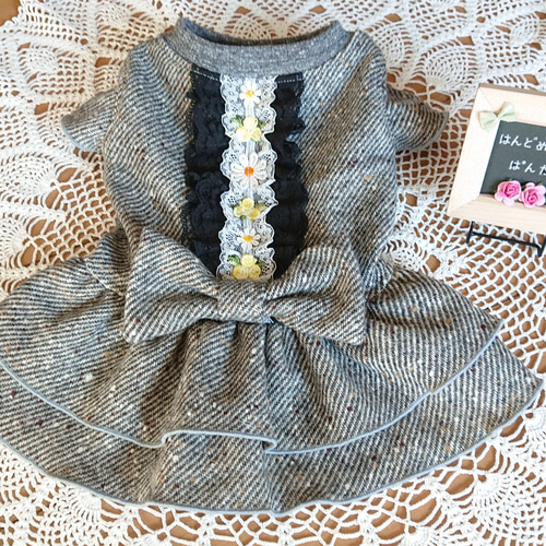 犬の服【お洒落・暖かツイードワンピース】ハンドメイド犬服 ペット服