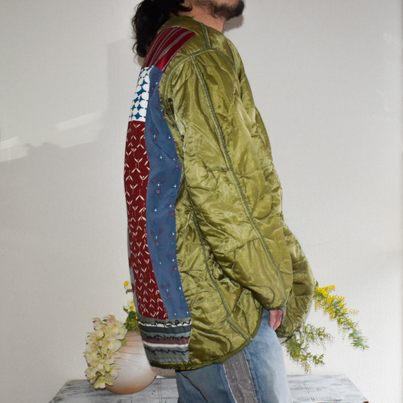 Acote ミリタリー ライナー ジャケット 着物リメイク グリーン 3枚目の画像