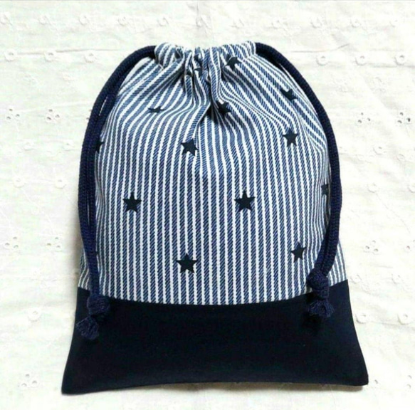 【オーダー品】　巾着袋　給食袋　コップ袋　星　スター　ストライプ ハンドメイド、星、ストライプ柄の給食袋、巾着袋、コップ入れ、紺色
