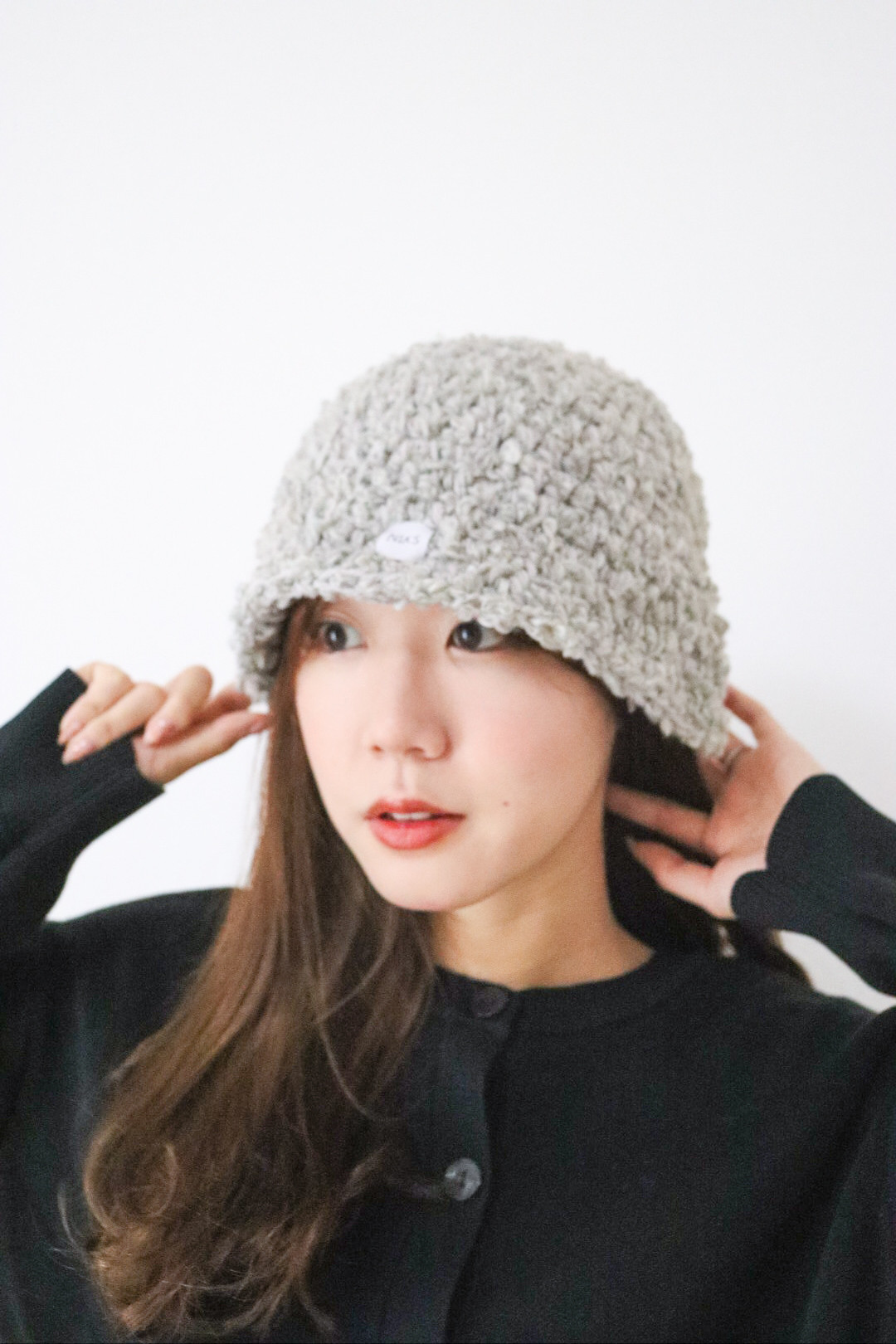 ニット帽 ボア バケットハット 帽子 手編み かぎ針編み グレー