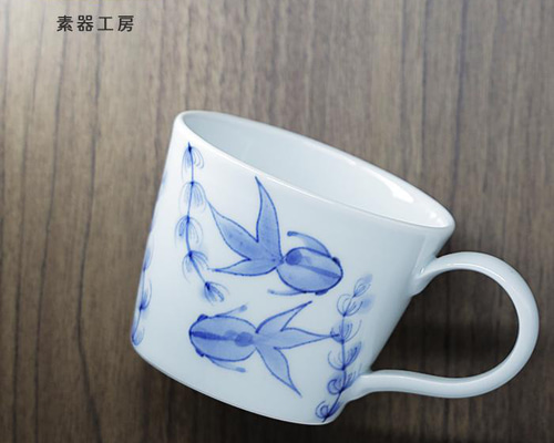 未使用】京焼き☆珈琲カップ☆マグカップ☆手ひねり取手☆手描き