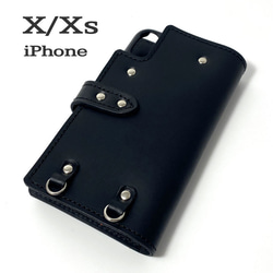 送料無料 手帳型ケース iPhone X Xs 用 レザー 革 スマホケース スマホショルダー ブラック 1枚目の画像