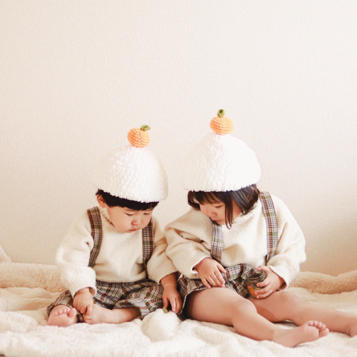 鏡餅 帽子 子供 キッズ 手編み コスプレ ニット帽 フォト 帽子(ベビー