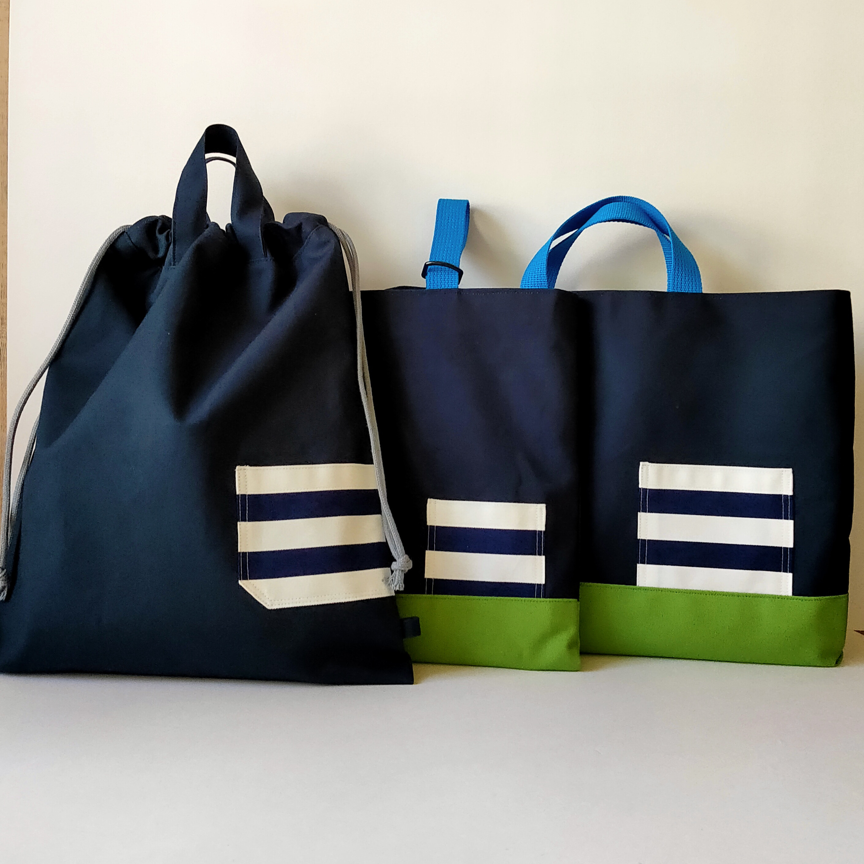 １１号帆布　ネイビー✕若草　レッスンバッグ上靴入れセット　男の子