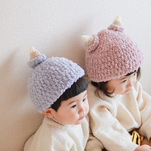 節分 帽子 鬼のツノ 子供 キッズ 手編み コスプレ ニット帽 フォト 
