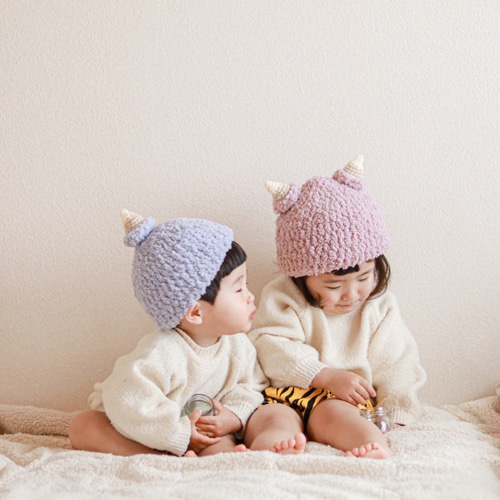 節分 帽子 鬼のツノ 子供 キッズ 手編み コスプレ ニット帽 フォト