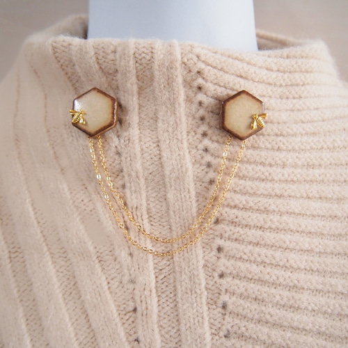 美濃焼 ハチ 六角形 襟 チェーン ブローチ 3way ピンバッチ keep on