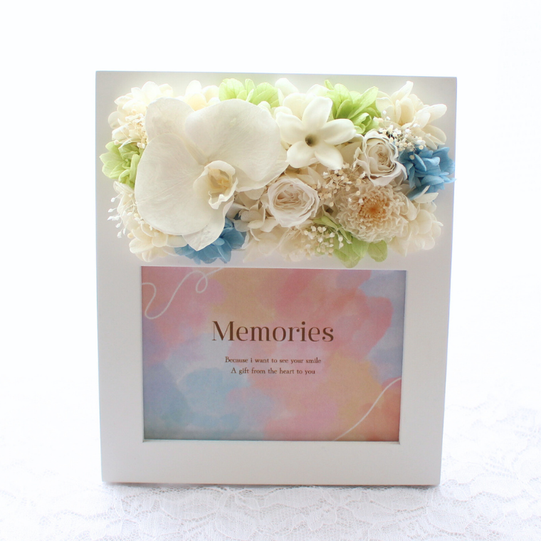 優しい時間と安らぎのフォトフレーム　プリザーブドフラワー　写真立て　 花　お供え　メモリアル　虹の橋 ペット 胡蝶蘭