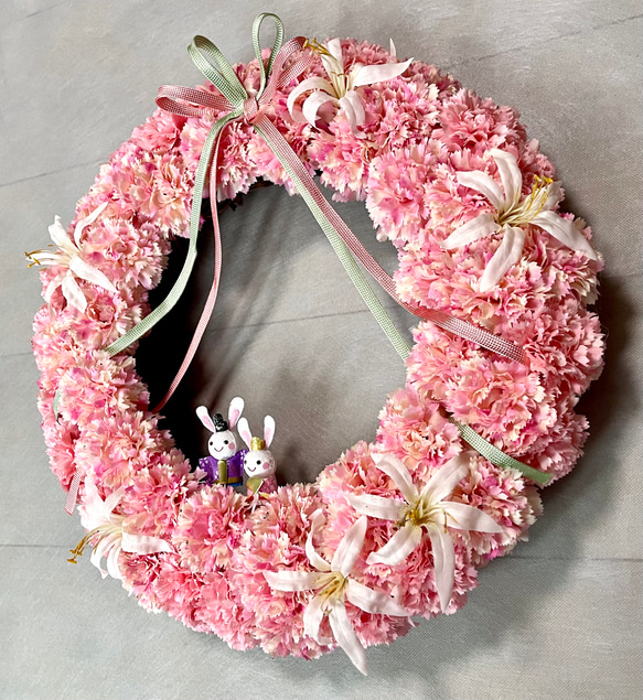 No.wreath-15544/ひな祭りリース24-(4) カーネーシ＆うさぎ雛38cm/アーティフィシャルフラワー造花 13枚目の画像