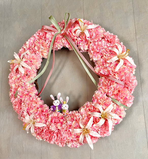 No.wreath-15544/ひな祭りリース24-(4) カーネーシ＆うさぎ雛38cm/アーティフィシャルフラワー造花 4枚目の画像