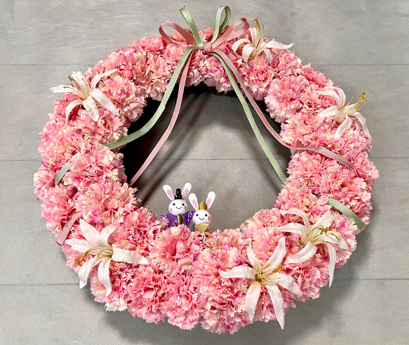 No.wreath-15544/ひな祭りリース24-(4) カーネーシ＆うさぎ雛38cm/アーティフィシャルフラワー造花 15枚目の画像