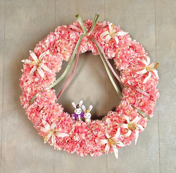 No.wreath-15544/ひな祭りリース24-(4) カーネーシ＆うさぎ雛38cm/アーティフィシャルフラワー造花 7枚目の画像