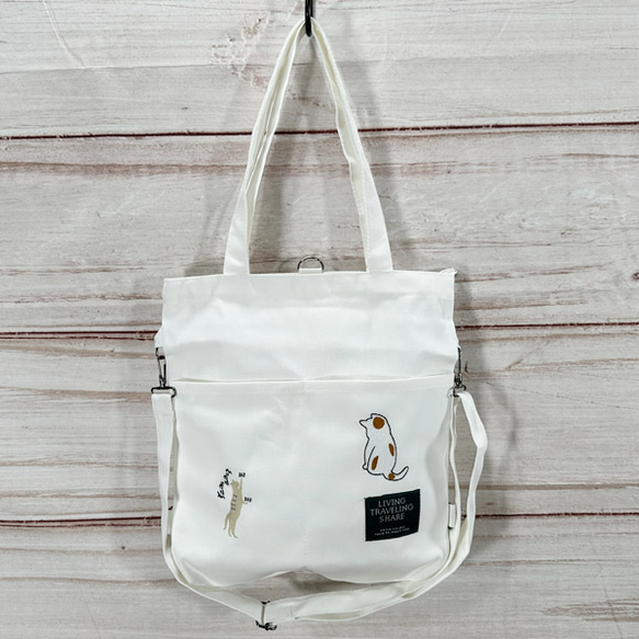 [免運費] 帆布 2WAY 單肩手提包，內袋繡有爪貓和沮喪的貓 &lt;白色&gt; 第1張的照片
