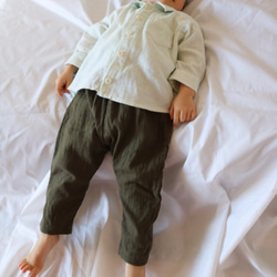 【時短アイテム！朝のお着替え不要】パジャマに見えないパジャマ　ライトグリーンストライプ　ダブルガーゼ　パジャマシャツ 5枚目の画像