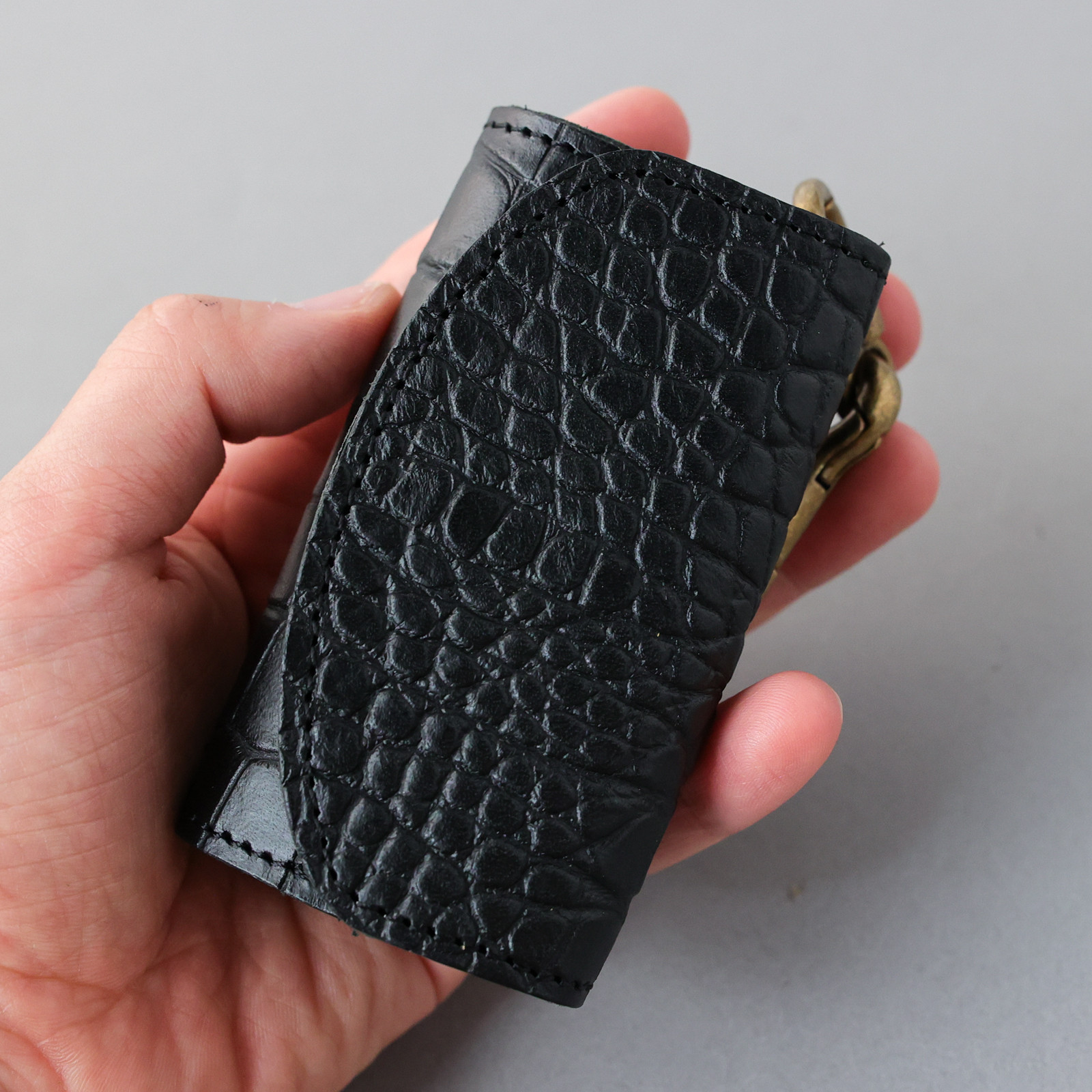 栃木レザー クロコダイル 型押し 日本製 カラビナ 付き キーケース コインケース PAOLO ブラック 黒 本革